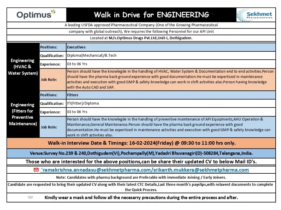 Optimus (Sekhmet Pharma) - Walk-In Drive for Engineering on 16th Feb 2024